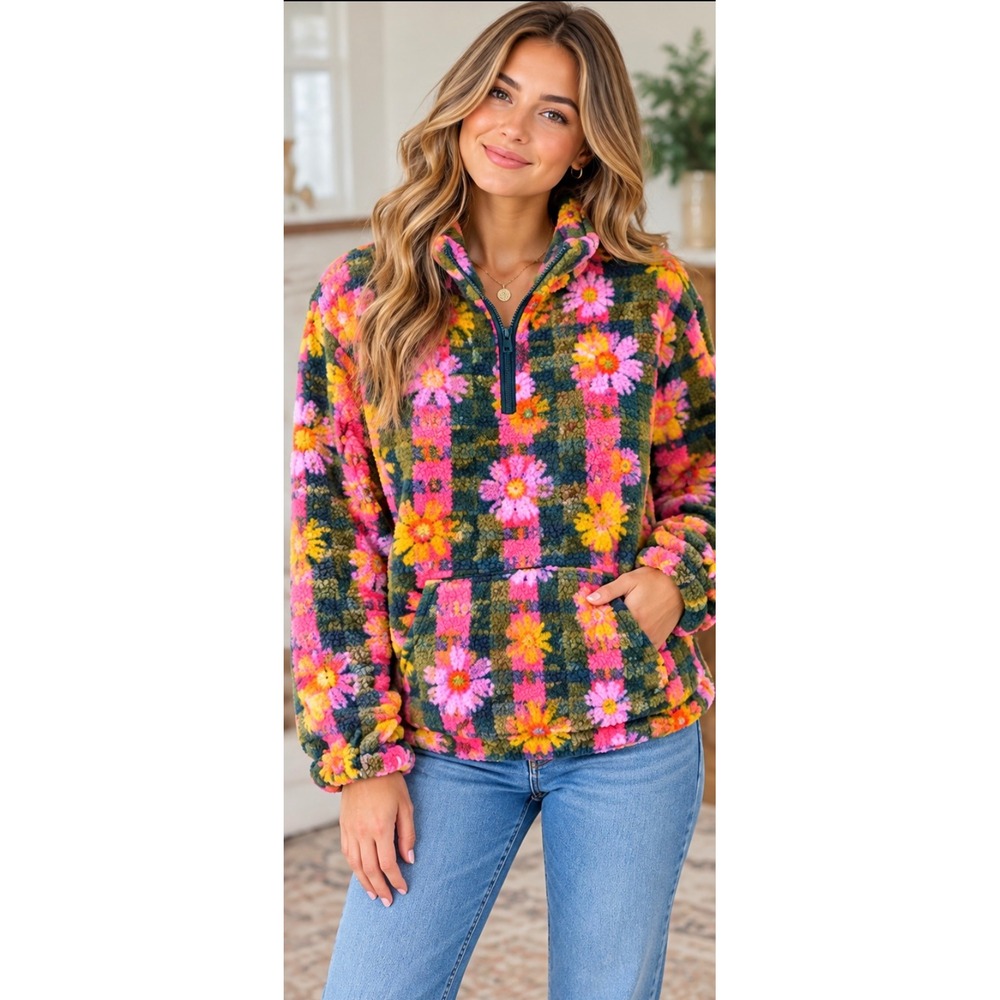 Natural Life Coziest Sherpa Fleece Quarter Zip Pullover M Floral Plaid Boho